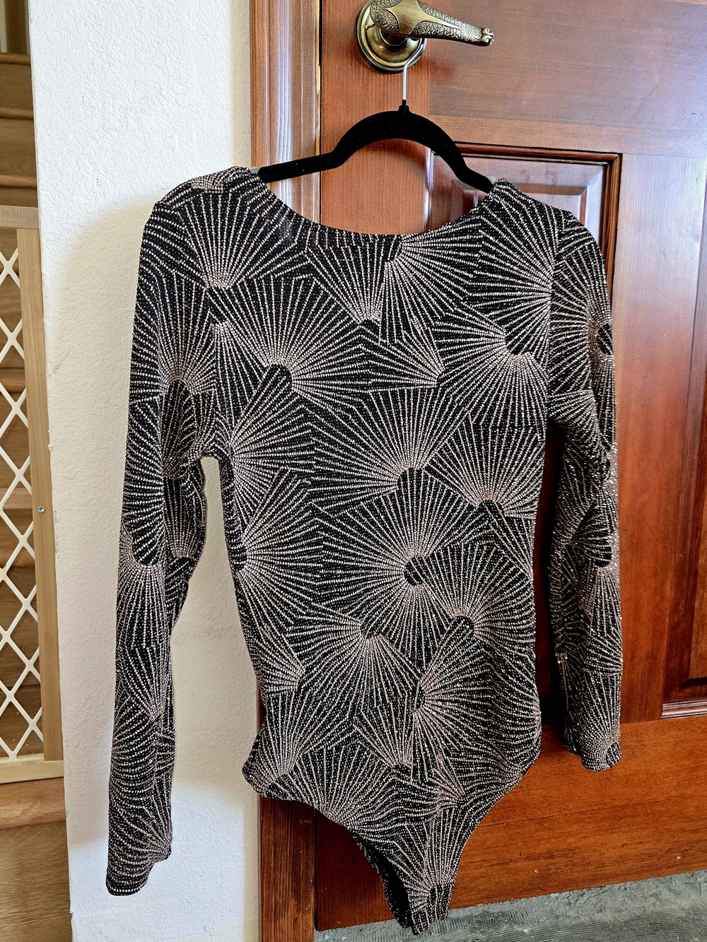 Black Gold Glitter Patterned Long-Sleeve Bodysuit